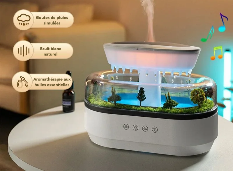 Humidificateur d’Air Paysage Goutte de Pluie – Diffuseur d’Arômes LED 7 Couleurs pour Bureau, Huiles Essentielles & Brume Relaxante